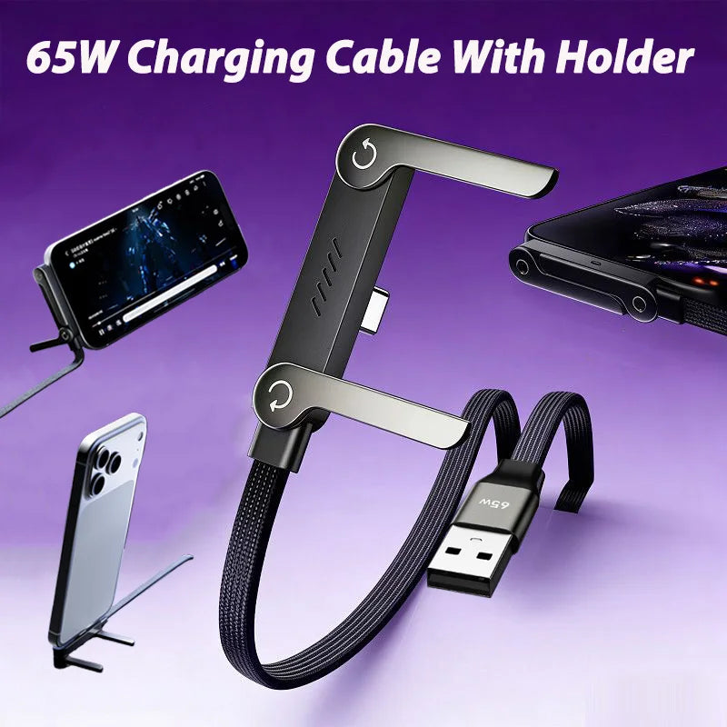 65W USB Fast Charging Cable With Foldable Phone Holder 2-in-1 Type-C Quick Charge