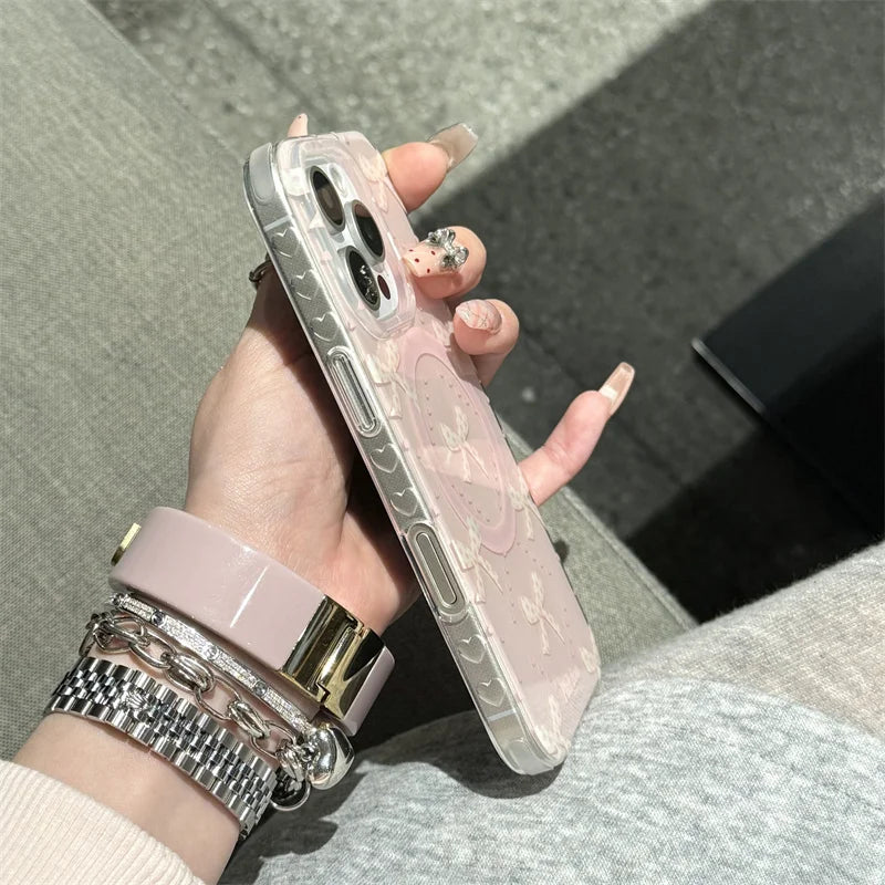 Magnetic Phone Case For iPhone 16 Pro 15 14 13 Pro Max 15Pro Cover with Pearl Bowknot Stand Shockproof