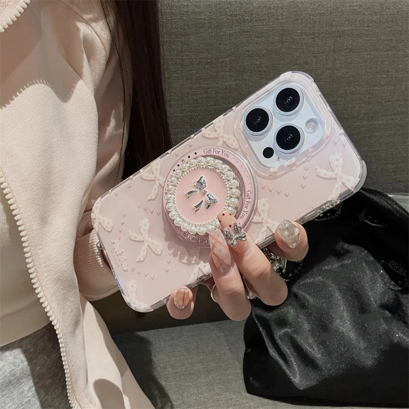 Magnetic Phone Case For iPhone 16 Pro 15 14 13 Pro Max 15Pro Cover with Pearl Bowknot Stand Shockproof