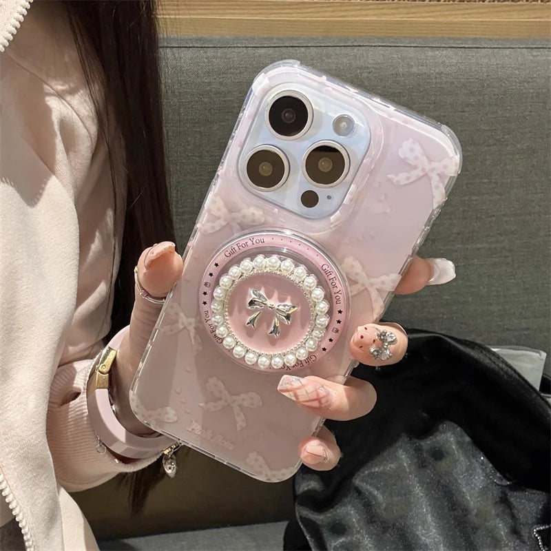 Magnetic Phone Case For iPhone 16 Pro 15 14 13 Pro Max 15Pro Cover with Pearl Bowknot Stand Shockproof