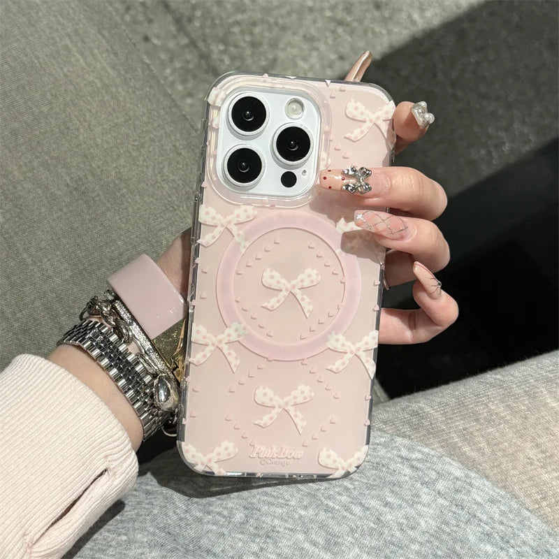 Magnetic Phone Case For iPhone 16 Pro 15 14 13 Pro Max 15Pro Cover with Pearl Bowknot Stand Shockproof
