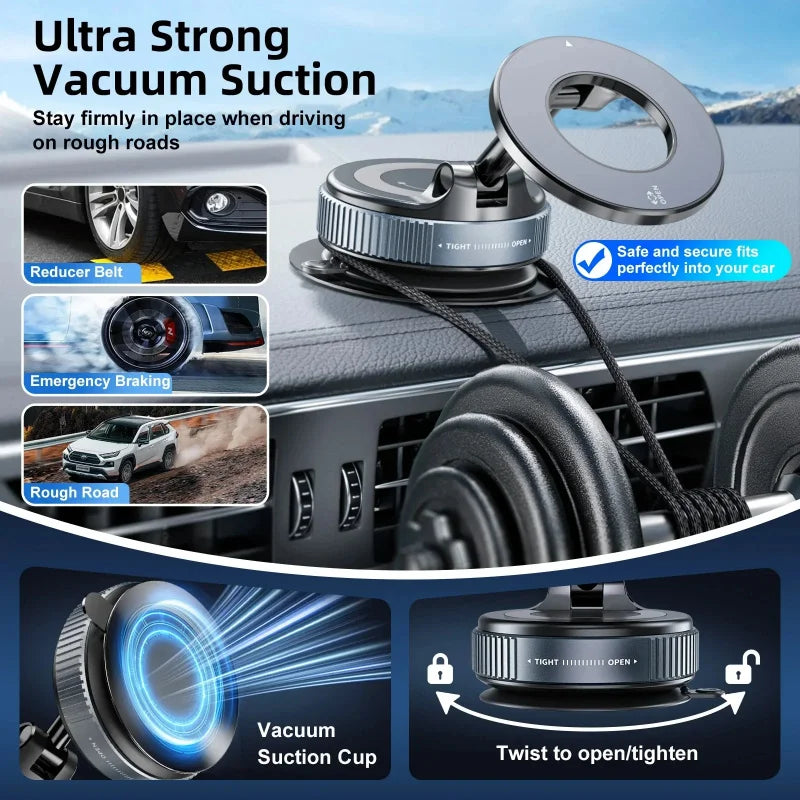 360° Magnetic Vacuum Phone Holder | Foldable MagSafe Car Mount