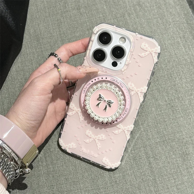 Magnetic Phone Case For iPhone 16 Pro 15 14 13 Pro Max 15Pro Cover with Pearl Bowknot Stand Shockproof