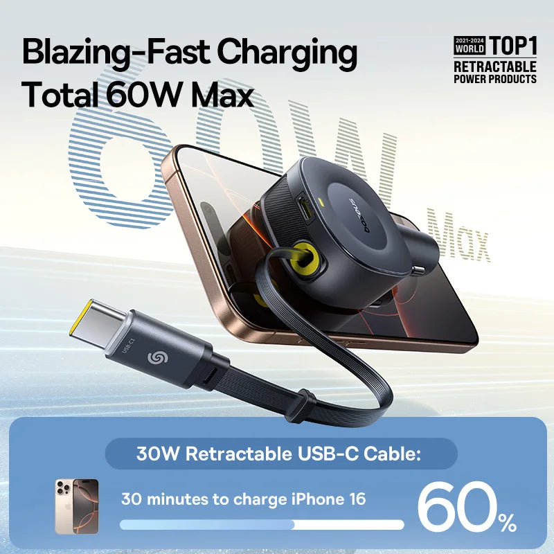 30W Charger USB-C Type-C Retractable Fast Charging Car Phone Charger Adapter