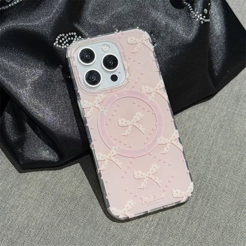 Magnetic Phone Case For iPhone 16 Pro 15 14 13 Pro Max 15Pro Cover with Pearl Bowknot Stand Shockproof