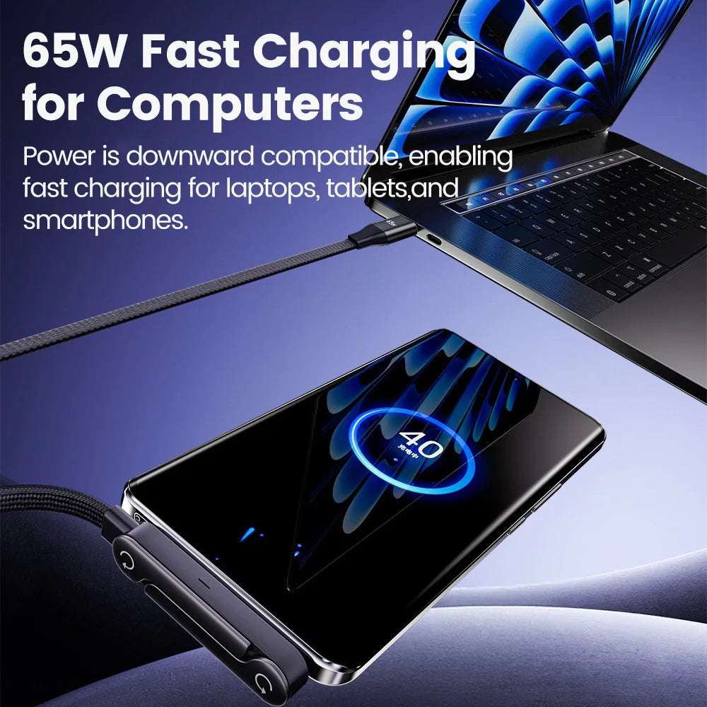65W USB Fast Charging Cable With Foldable Phone Holder 2-in-1 Type-C Quick Charge