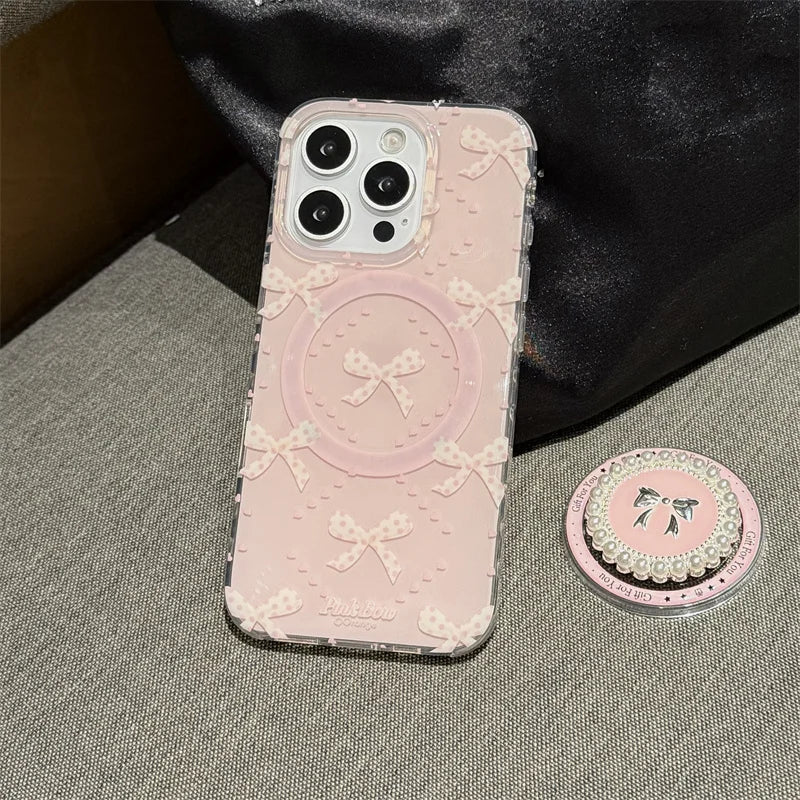 Magnetic Phone Case For iPhone 16 Pro 15 14 13 Pro Max 15Pro Cover with Pearl Bowknot Stand Shockproof