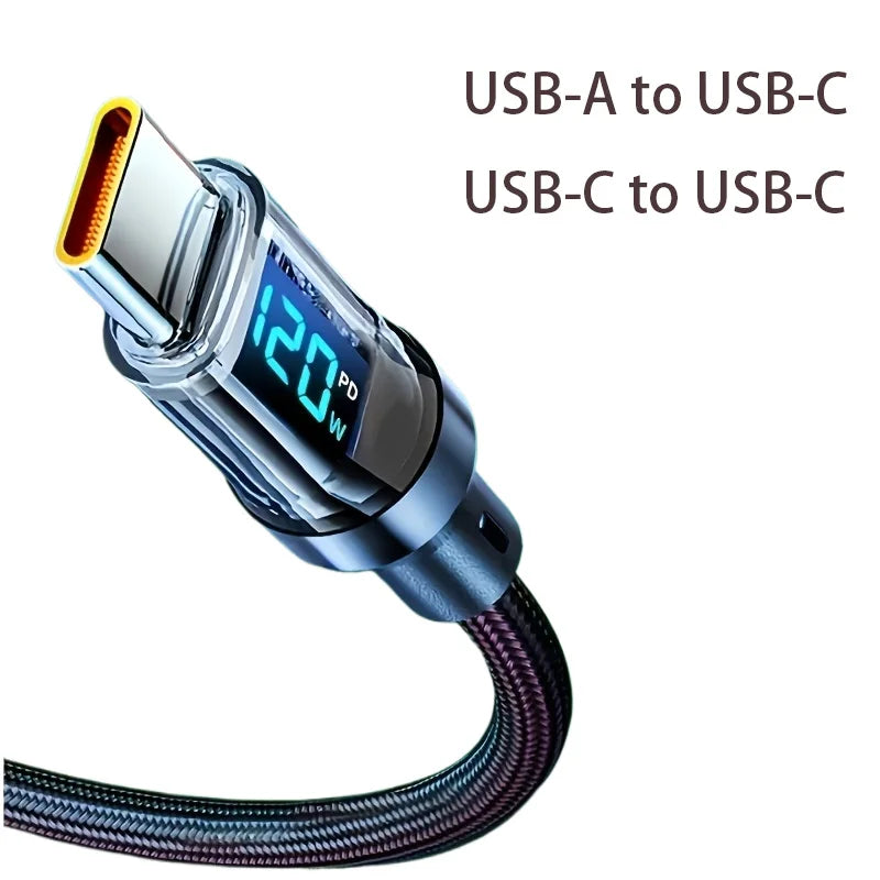 100W 120W USB C Cable Fast Charging Cord with LED Display