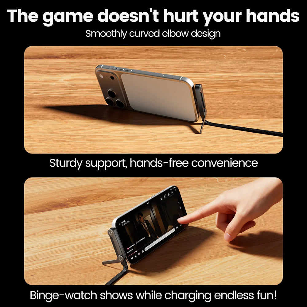 65W USB Fast Charging Cable With Foldable Phone Holder 2-in-1 Type-C Quick Charge