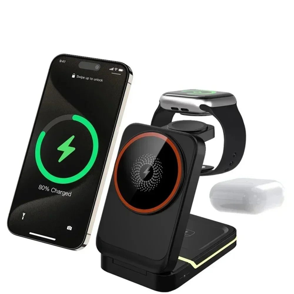 3 in1 Magnetic Wireless Charger Station 30W Fast Charging Phone Adapter For iPhone 16 15 14 13 Pro Max/Mini/Plus/ iWatch/Airpods