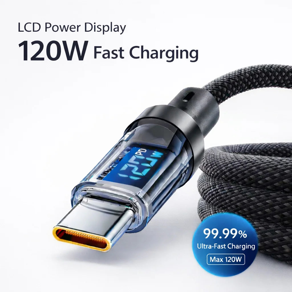 100W 120W USB C Cable Fast Charging Cord with LED Display